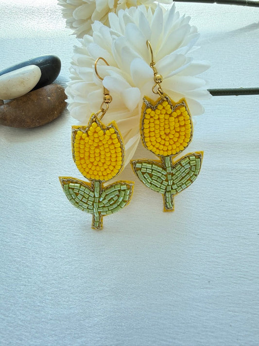 Handmade yellow tulip beaded statement earrings