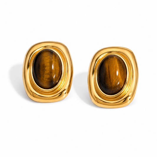 18K gold plated stainless steel stud earrings featuring faux tiger eye stones in an organic sculptural setting.
