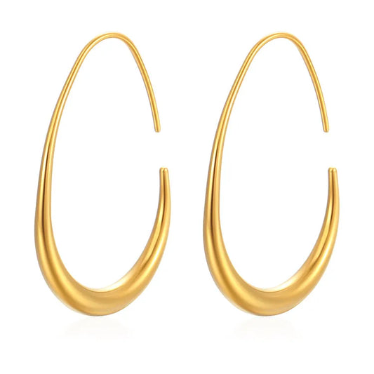 Gold stainless steel minimalist teardrop hoop earrings with a sculptural organic design